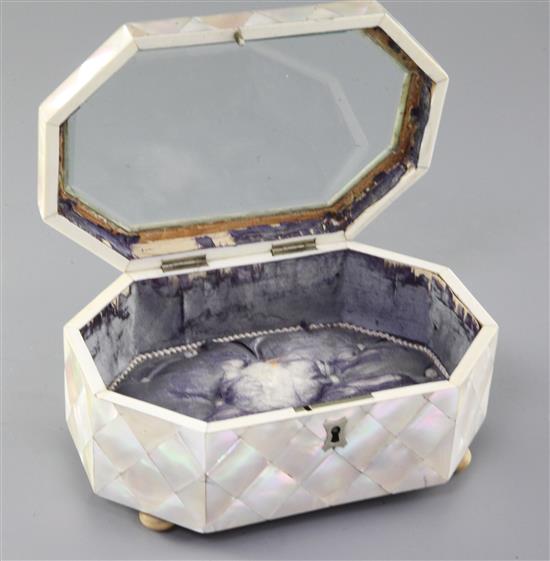 A Victorian mother of pearl clad jewellery casket, width 7.75in. depth 5.25in. height 3.25in.